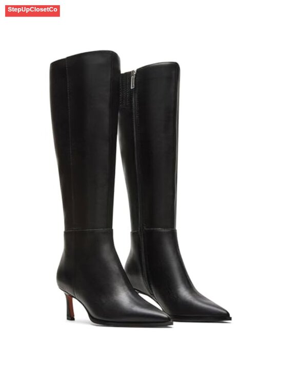 Shoes - Kitten Heel Knee High Boots Pointed Toe Side Zipper Faux Leather Tall Boots